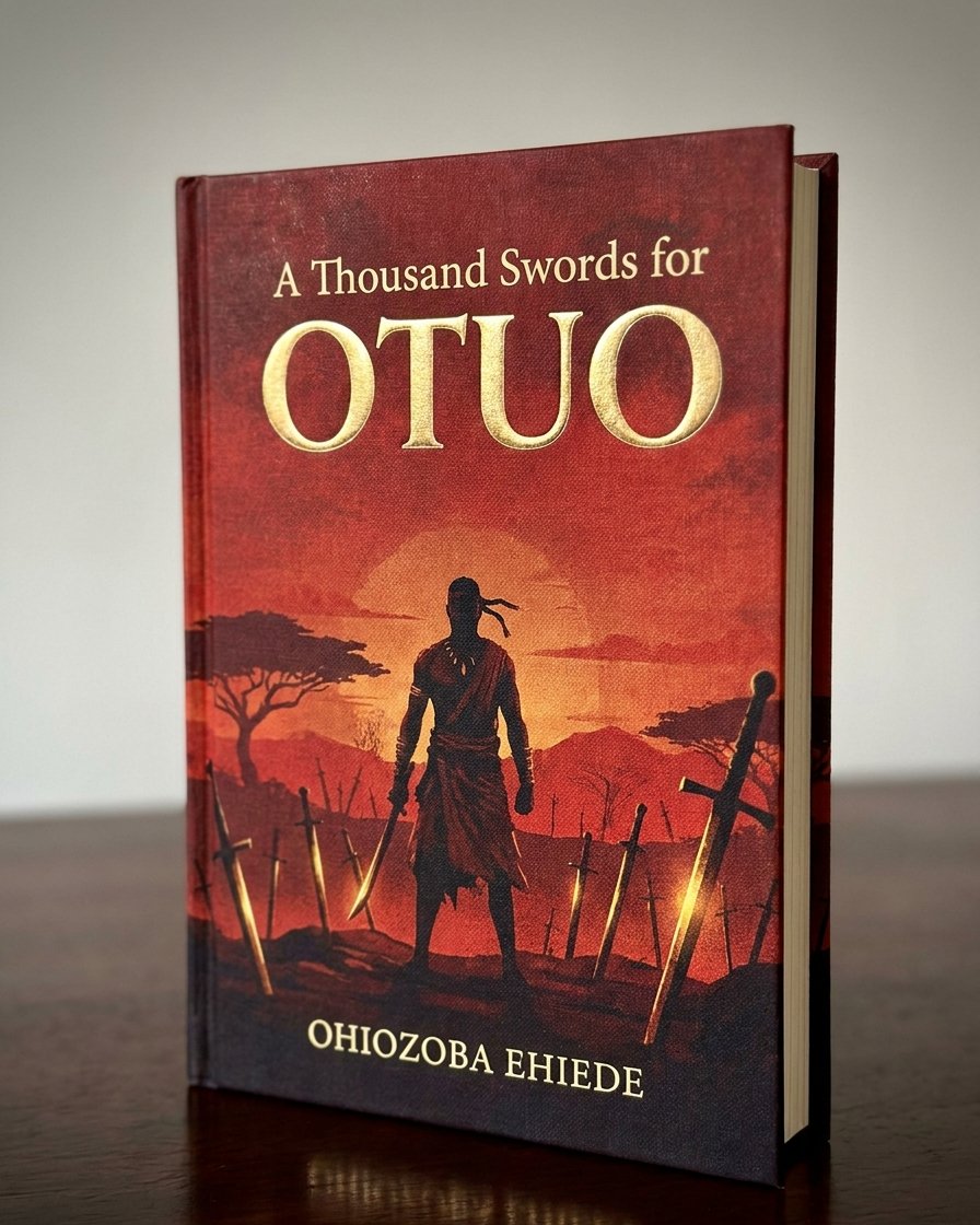 A Thousand Swords for Otuo book cover — warrior at sunset surrounded by swords